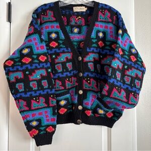 Vintage Womens LL Bean 100% Pure Wool Sweater Size M Colorful Shapes Cardigan